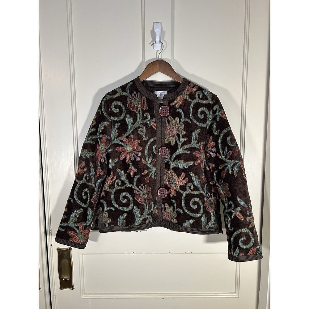 Patty Kim Floral Velvet Tapestry Button Front Blazer Womens Size Medium Brown